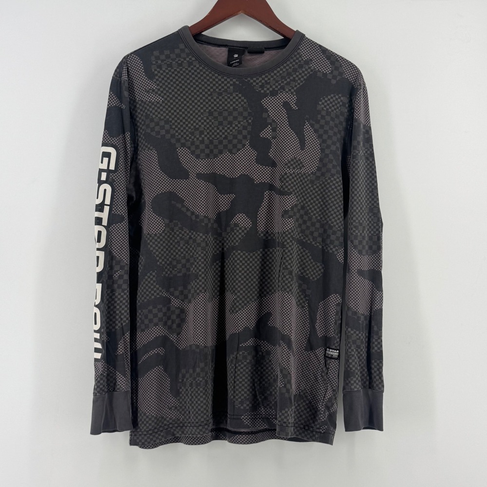 G-Star Raw Mens Camo Checkerboard Long Sleeve Graphic Tee Black Gray Size M